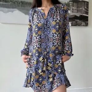 LOFT blue ruffle and multicolor floral print, 3/4 sleeves dress size M